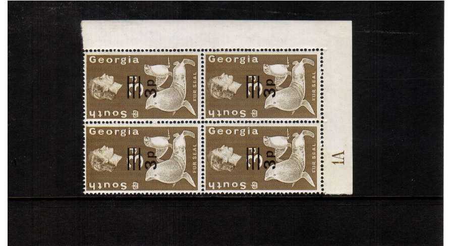 3p definitive odd value in a superb unmounted mint corner plate block of four.