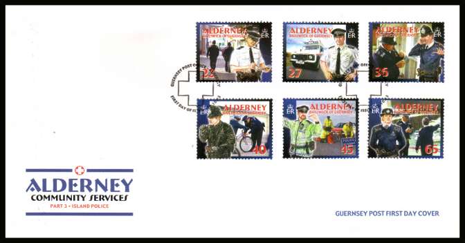 Community Services  - 3rd series -  Alderney Police set of six on unaddressed illustrated First Day Cover with special cancel.