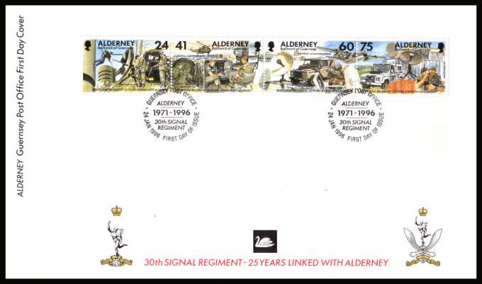 25th Anniv of Adoption of 30th Signal Regiment by Alderney strip of four on unaddressed illustrated First Day Cover with special cancel.