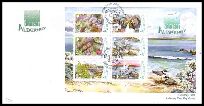 Wetlands -Burhou Islands - minisheet on unaddressed illustrated First Day Cover with special cancel.