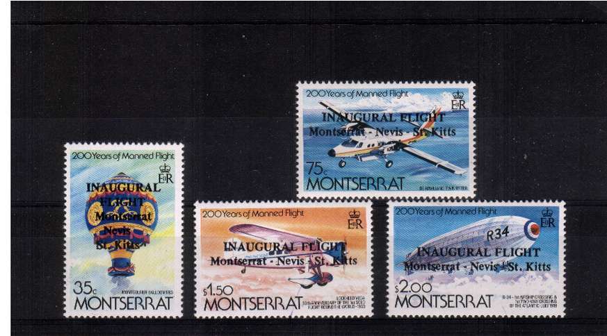 Bicentenary of Manned Flight set of four with INAUGURAL FLIGHT overprint. This set was not released but according to GIBBONS 100 sets were used on flown covers. This is the rare set of four superb unmounted mint.

