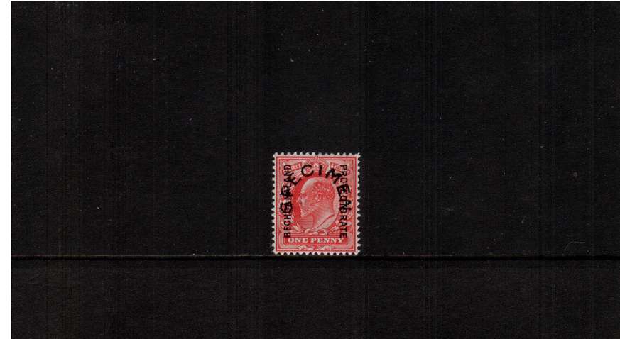 A good lightly mounted mint 1d Edward VII Scarlet overprint with<br/>the horseshoe ''SPECIMEN'' type 17
<br/><b>ZQE</b>
