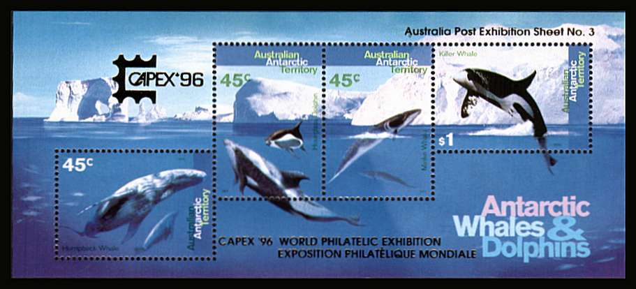Antarctic Whales and Dolphins minisheet superb unmounted mint with GOLD overprint for CAPEX '96 stamp exhibition. Australia Post Exhibition Sheet No 3. Scarce!<br/><b>ZQF</b>

