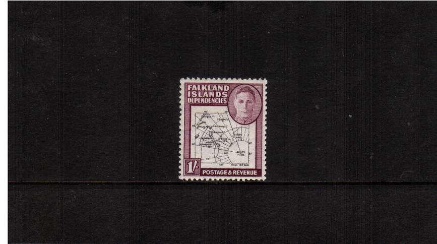 1/- Black and Purple - Thick Map<br/>
A fine mounted mint single showing the ''SOUTH POKE'' variety.
<br/><b>ZQF</b>