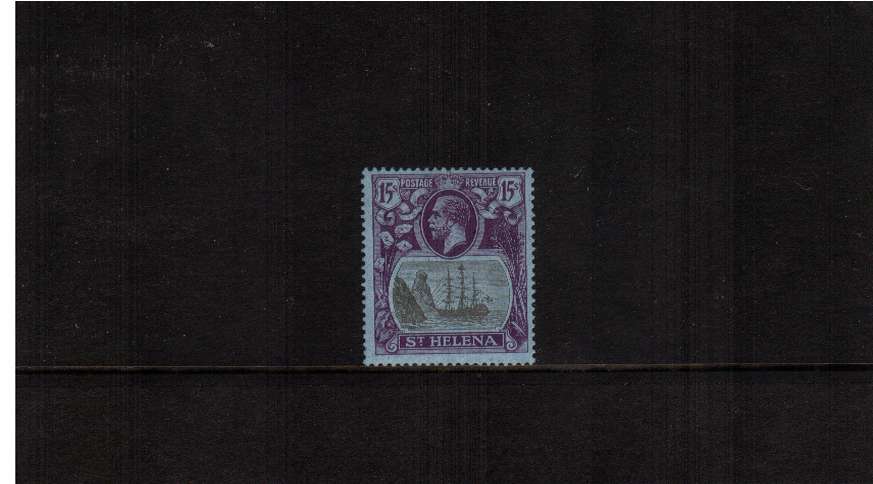 Badge of St. Helena 15/- Grey and Purple on Blue. A fine lightly mounted mint stamp.<br/><b>ZQG</b>
