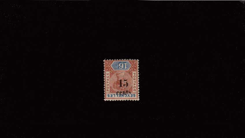 15 cents on 16 cents Chestnut and Untramarine showing OVERPRINT INVERTED lightly mounted mint with BPA certificate stating genuine. SG Cat 325.00
<br/><b>AQC</b>