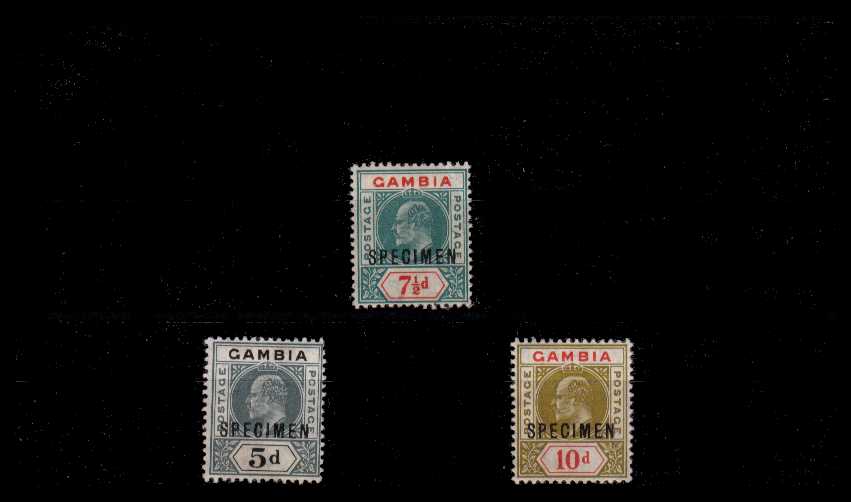 A good lightly mounted mintcomplete ''SPECIMEN'' set of three. Feint gum crease on the 7d value mentioned for accuracy. <br/><b>AQG</b>