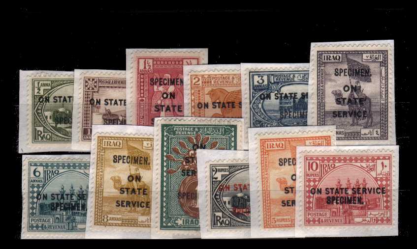 The Officials set of twelve each handstamped ''SPECIMEN''.<br/>Each stamp is glued to a small piece, thus possibly removed from the archives. SG Cat 500.00 
<br/><b>AQG</b>
