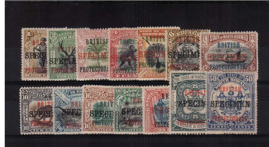 A good lightly mounted mint set of fourteen overprinted ''SPECIMEN''. The 1c has no gum, mentioned for accuracy, all other have gum and there is the odd perforation fault as is quite normal for this set. A rare set! SG Catalogue 325.00<br/><b>AQG</b>