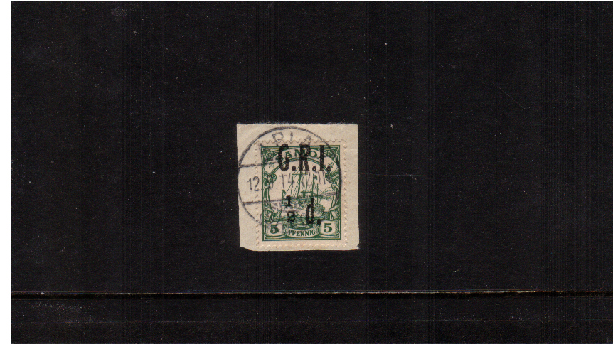 d G.R.I. overprint on 5pf Green showing 1 to left of 2 variety.<br/>A superb fine used stamp tied to a small piece.
<br/><b>ZKE</b>