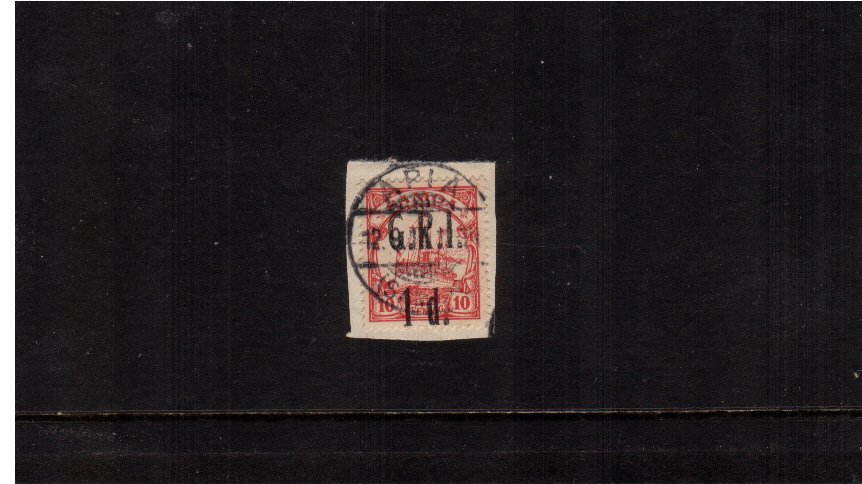 1d G.R.I. overprint on 10pf Carmine<br/>A superb fine used stamp tied to a small piece.
<br/><b>ZKE</b>