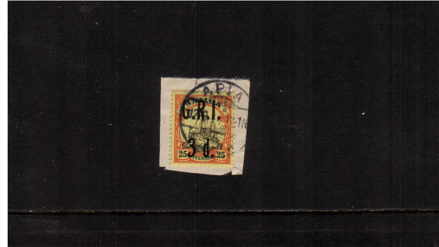 3d G.R.I. overprint on 25pf Black and Red on Yellow<br/>A superb fine used stamp tied to a small piece.
<br/><b>ZKE</b>