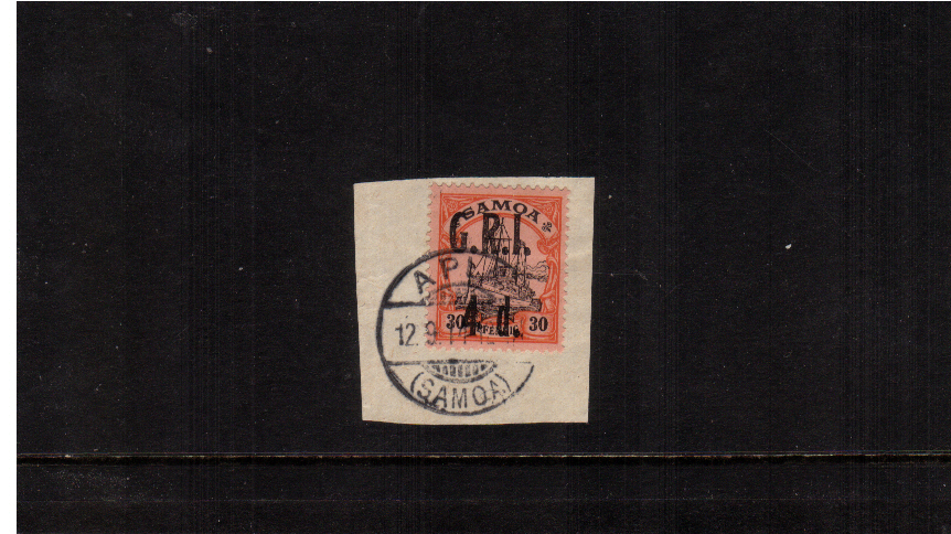 4d G.R.I. overprint on 30pf Black and Orangeon Buff<br/>A superb fine used stamp tied to a small piece.
<br/><b>ZKE</b>