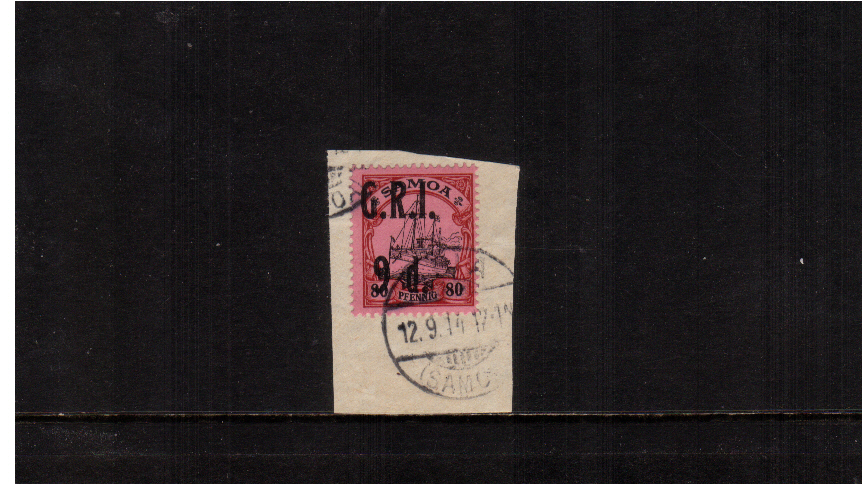 9d G.R.I. overprint on 80pf Black and Carmine on Rose<br/>A superb fine used stamp tied to a small piece.
<br/><b>ZKE</b>