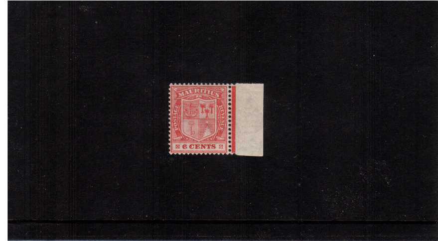 The 6c Carmine with Multiple Script watermark.<br/>A superb unmounted mint marginal single clearly showing the variety WATERMARK REVERSED. Superb! 
<br/><b>ZKL</b>