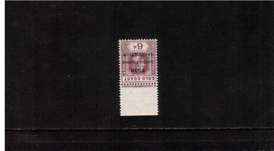 The 6d Dull and Bright Purple<br/>
A superb unmounted mint top marginal single clearly showing the WATERMARK INVERTED.<br/>
A very rare stamp to find unmounted and marginal.
<br/><b>ZKM</b>