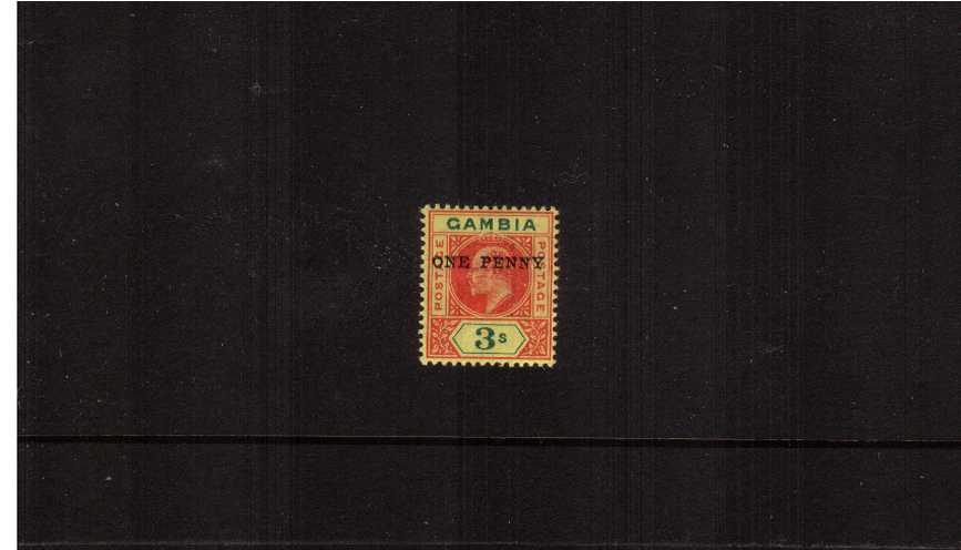 1d on 3/- Carmine and Green on Yellow<br/>
A bright and fresh lightly mounted mint single.
<br><b>ZKS</b>