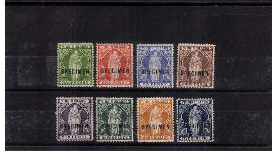 The Virgin set of eight overprinted ''SPECIMEN''. The set is bright and fresh but is a little heavily mounted as can happen with early specimen stamps. 
<br><b>ZKZ</b>