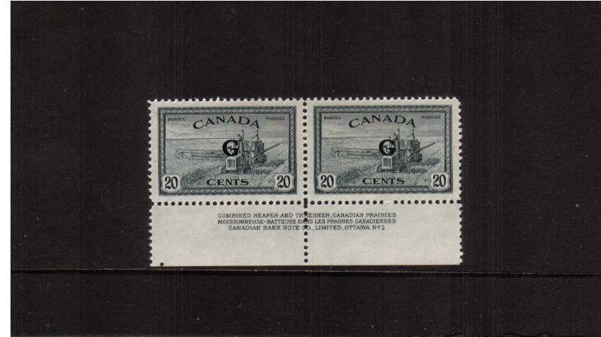 The 20c Slate showing Combine Harvester overprinted  ''G'' for Government superb unmounted mint lower marginal imprint pair (with a trace of hinge on margin) 
<br/><b>ZDZ</b>