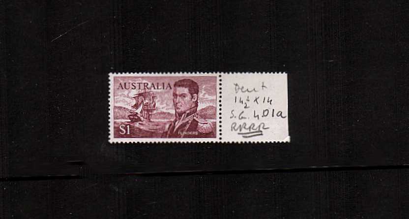 $1 Flinders in Brown-Purple<br/>
A superb unmounted mint marginal right side single showing ''RECUT LINES IN SKY''. Rare, seldom seen stamp! 
<br/><b>ZAZ</b>