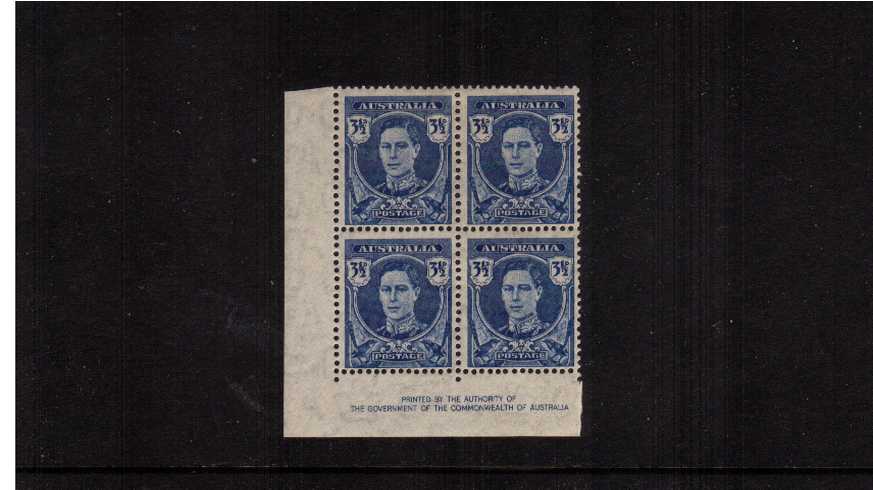3d Deep Blue Authority Imprint SW corner block of four lightly<br/>mounted mint on the top two stamps.
