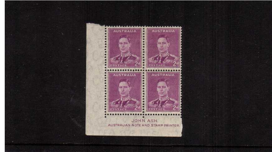 2d Bright Purple - John Ash Imprint SW corner block of four lightly<br/>mounted mint on the top two stamps.