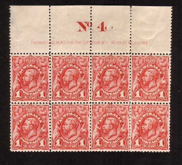 1d Red Engaved - No Watermark<br/>A fine imprint block of eight - superb unmounted mint - mounted<br/>on margin showing a large ''No. 4''. Lovely