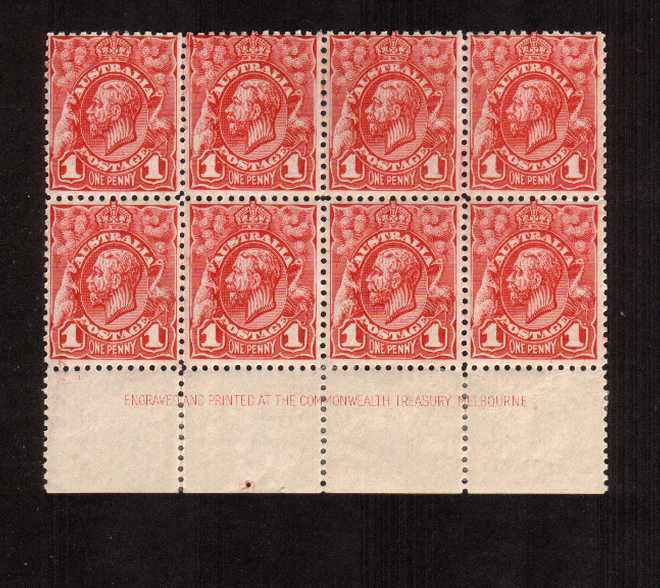 1d Red Engaved - No Watermark<br/>A lower marginal block of eight superb unmounted mint - three stamps trace of hinge.