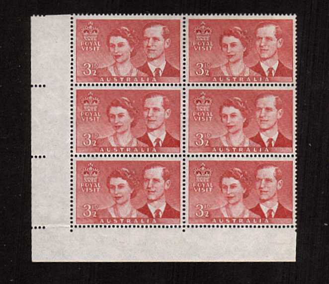 Royal Visit - 3d SW corner block of six showing the SG illustrated Re-entry variety ''vertical lines doubled in ROYAL VISIT and 3'd' Lovely! Seldom seen.
<br/><b>ZAZ</b>