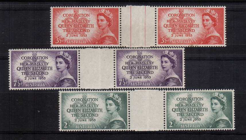 The Coronation set of three in superb unmounted mint gutter pairs. Lightly folded in the margin which is probably the only way they come! Rare set!