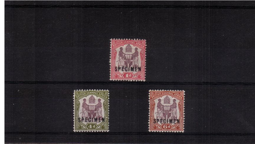 The Watermark Crown CA set of three overprinted ''SPECIMEN''. The 1d value has no gum reflected in the price.   
<br><b>XHX</b>