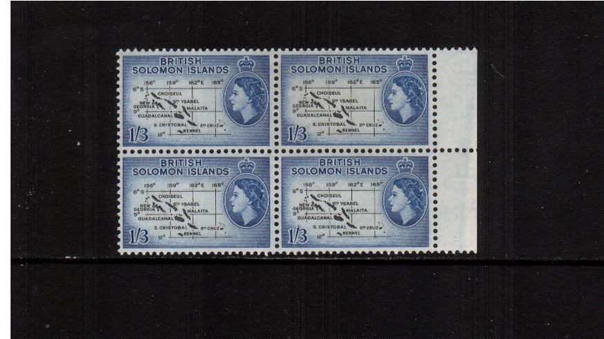 1/3d Black and Blue - Watermark Multiple Script CA<br/>A superb unmounted mint right side marginal block of four.
