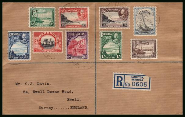 The complete George 5th definitive set of nine on a neatly typed addressed REGISTERED cover cancelled with a light indistinct BERMUDA steel CDS and backstamped REGISTERED - EPSOM dated 2 MR 37