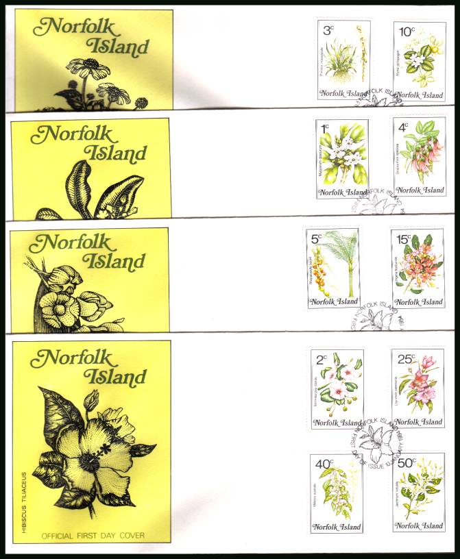 Flowers definitive set of sixteen on four unaddressed First Day Covers. <br/>Note grey areas are scanner faults - covers are perfect!