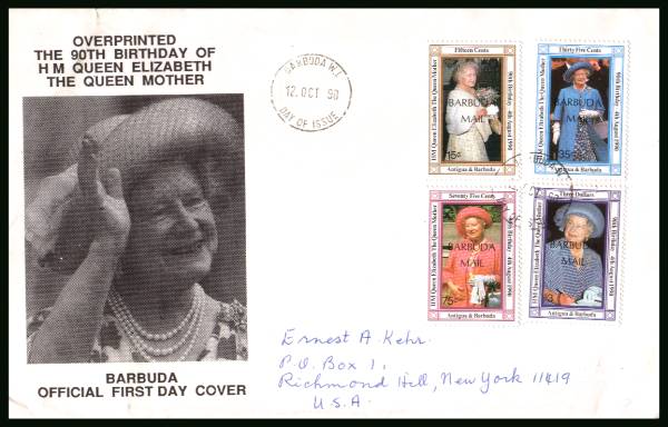 90th Birthday of The Queen Mother<br/>on a hand addressed First Day Cover to New York USA