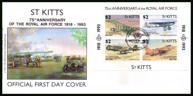 75th Anniversay of Royal Air Force minisheet<br/>on an official unaddressed First Day Cover.