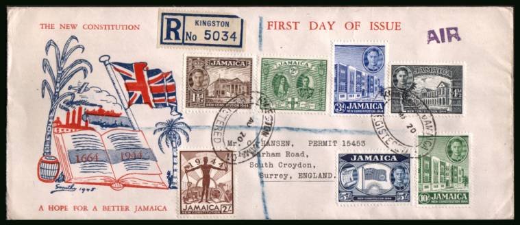 New Constitution set of seven<br/> on a REGISTERED colour illustrated First Day Cover with neatly typed address.
