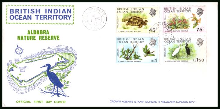 Aldabra Nature Reserve<br/>cancelled with a T.P.O. NORDVAER steel CDS on an illustrated First Day Cover