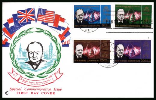 Churchill Commemoration<br/>on an illustrated unaddressed First Day Cover 

