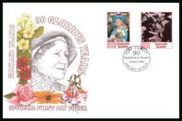 90th Birthday of Queen Mother<br/>on a PORT STANLEY cancelled unaddressed official full colour First Day Cover
