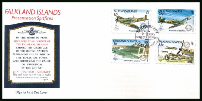 ''Stamp World London 90'' Stamp Exhibition - Spitfire Aircraft<br/>
on a PORT STANLEY cancelled unaddressed official full colour First Day Cover
