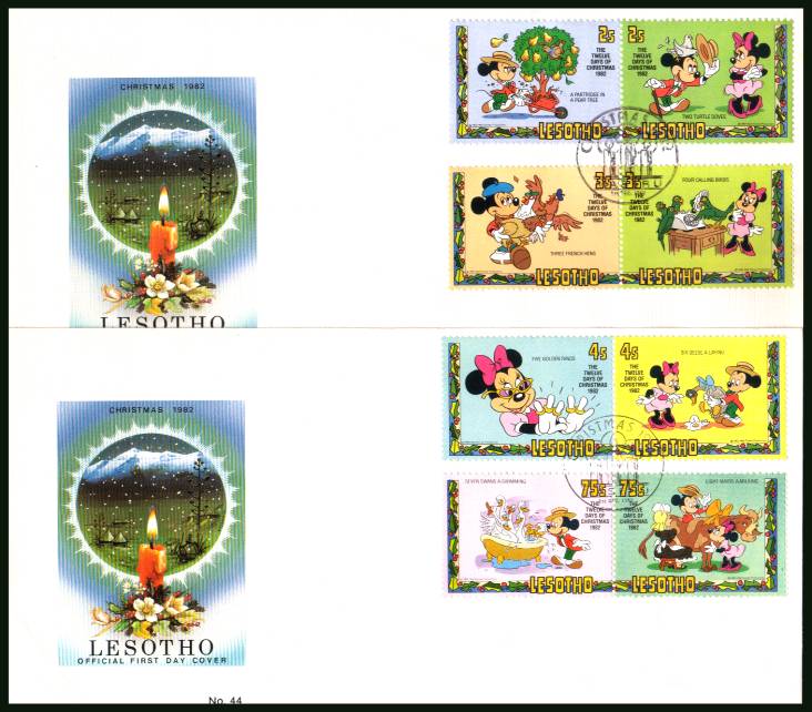 Christmas - ''The Twelve Days of Christmas'' - Disney set of eight<br/>on two official unaddressed First Day Covers