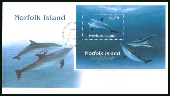 Dolphoins minisheet<br/>on an illustrated unaddressed First Day Cover 

