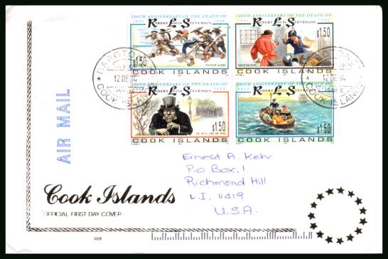 Centenary of Robert Louis Stevenson block of four<br/>on an illustrated official hand addressed First Day Cover 


