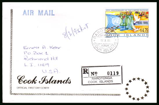 50th Anniversary of UNited NAtion single<br/>on a REGISTERED  illustrated official hand addressed First Day Cover 

