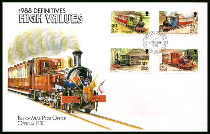 Manx Railways part of definitive set<br/>on an unaddressed illustrated official First Day Cover
