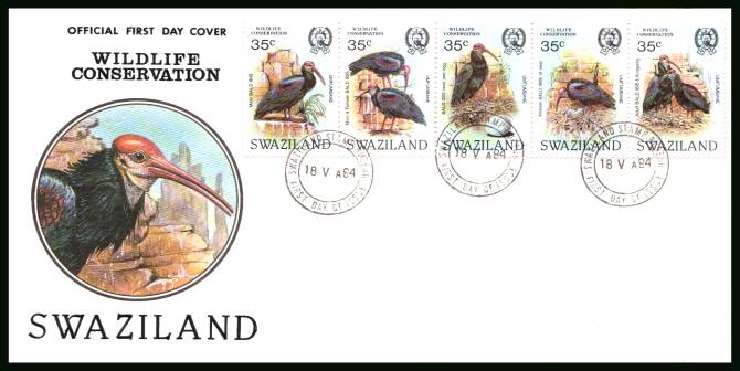 Wildlife Conservation - 3rd Series - Bald Ibis Bid strip of five
<br/>on an unaddressed OFFICIAL First Day Cover