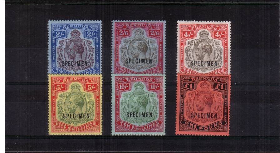 The ''High Value'' Key Types complete set of six very lightly mounted mint all overprinted ''SPECIMEN''. A rare set. Bright and fresh!
<br/><b>QGQ</b