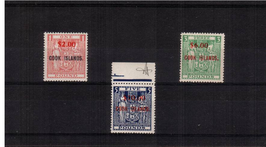 The Decimal Currency overprints on New Zealand ''Arms'' High Values set of three superb unmounted mint. The $10 on 5 is marginal and shows WATERMARK INVERTED. Rare set. 
<br/><b>QGQ</b