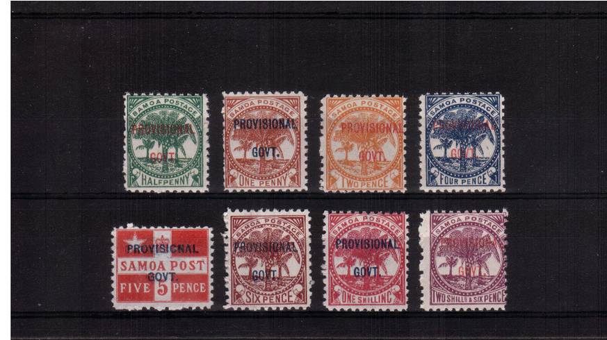 The ''PROVISIONAL GOVT'' overprint set of eight superb unmounted mint. Please note the set was crudely locally produced resulting in crude line perforations with some ''blind'' perfs. Colours are bright and fresh.
<br/><b>QKQ</b>
